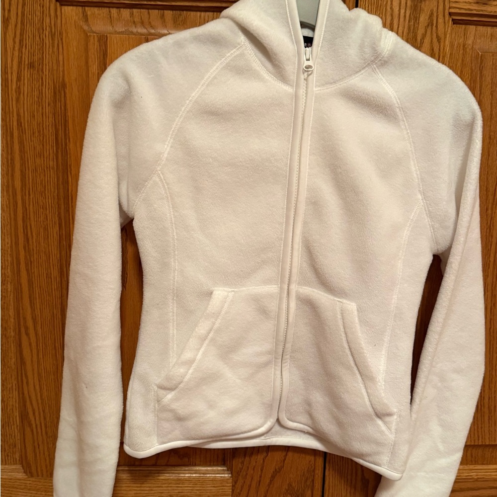 Women's White Fleece zip up hooded Jacket with pockets